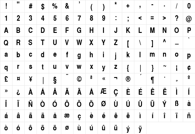 SwitzerlandNarrow Bold Character Map