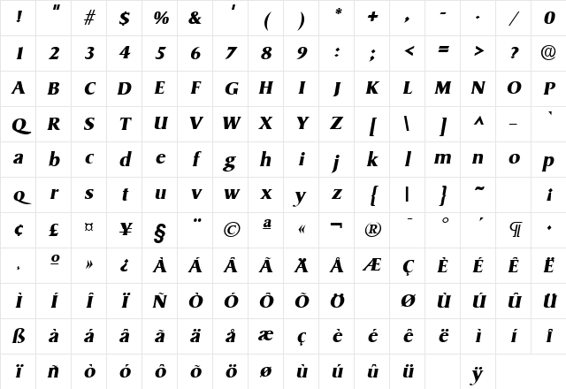 Sydney Bold Italic Character Map