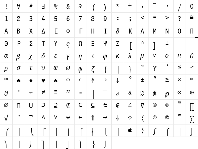 SymbolMono BT Regular Character Map