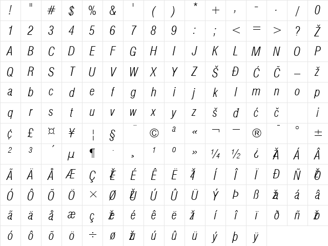 Swiss Condensed Light Italic Character Map Swiss Condensed Light Italic Character Map