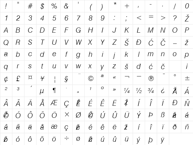 Swiss Light Italic Character Map