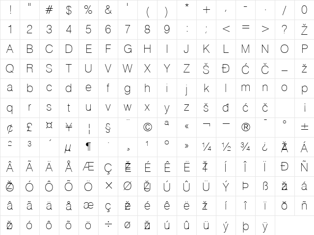 Swiss Thin Normal Character Map