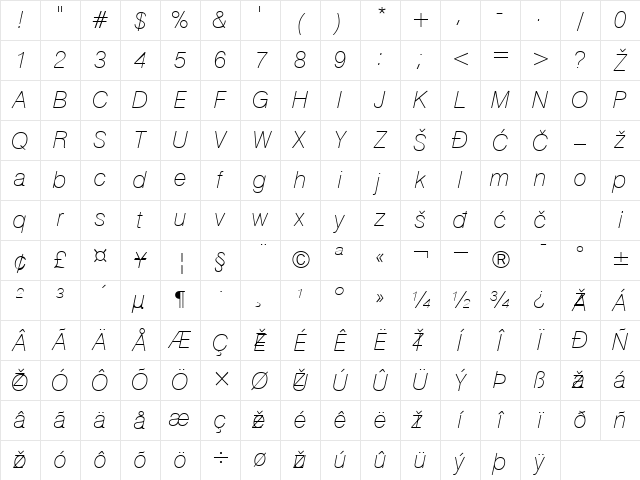 Swiss Thin Italic Character Map