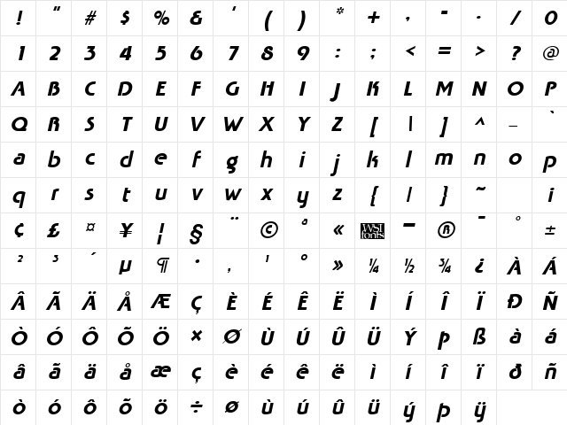 Tabatha Italic Character Map