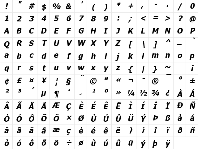 Tahoma Bold Faux Italic Character Map