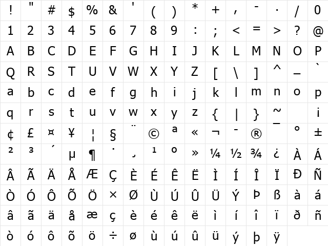 Tahoma Regular Character Map