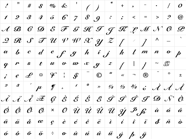 Tango Script Black SSi Black Character Map