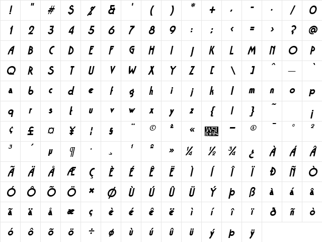 Tango Italic Character Map