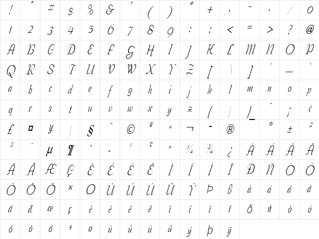 Tango-Condensed Italic Character Map