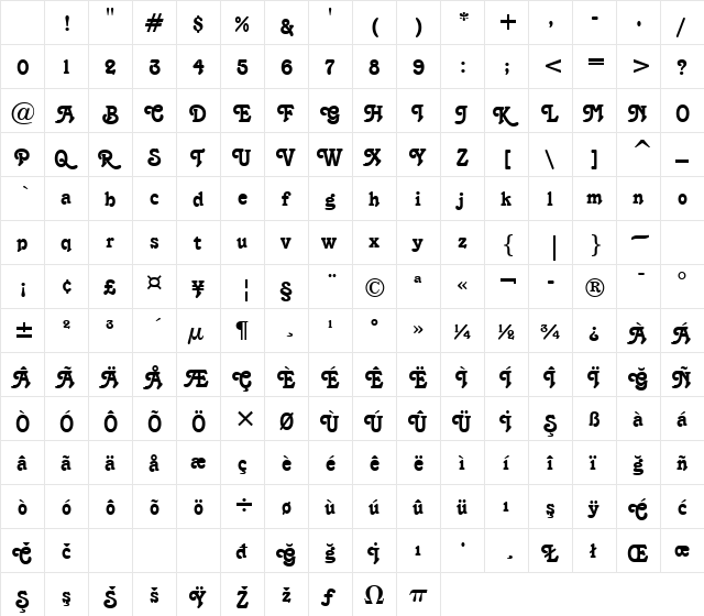 Tango BT Regular Character Map Tango BT Regular Character Map