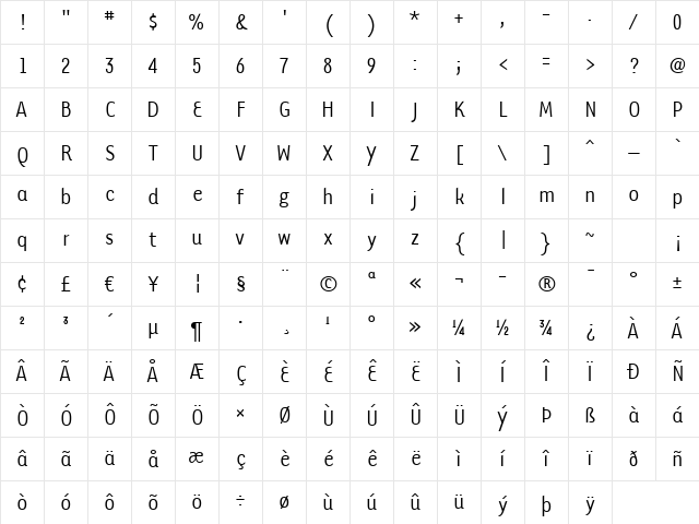 TarzanaNarrow Regular Character Map