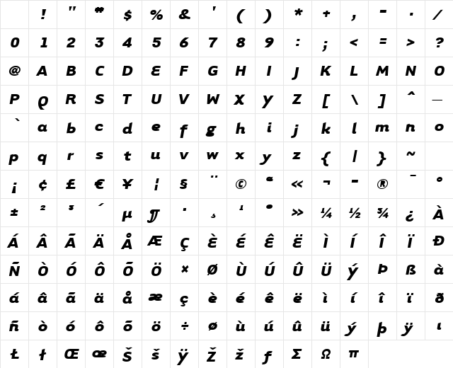 TarzanaWide Bold Italic Character Map TarzanaWide Bold Italic Character Map