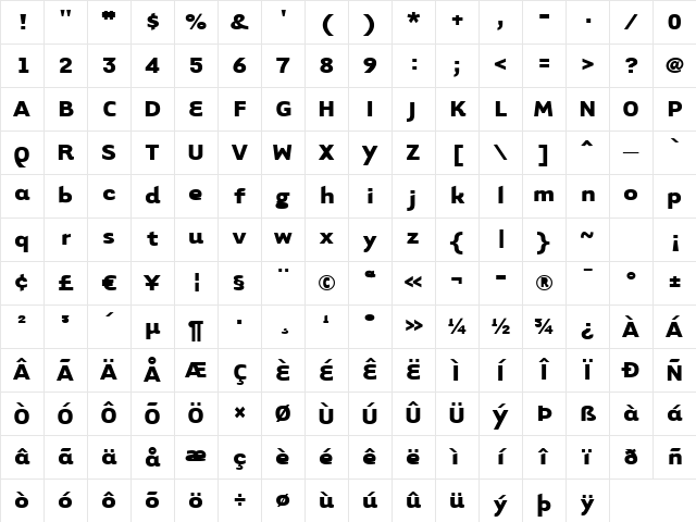 TarzanaWide Bold Character Map TarzanaWide Bold Character Map