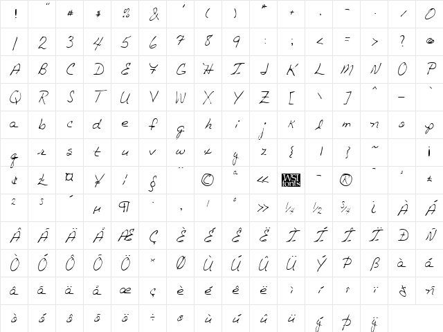 TashasHand Regular Character Map