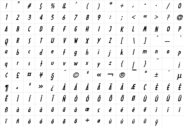 Tech Bold Italic Character Map