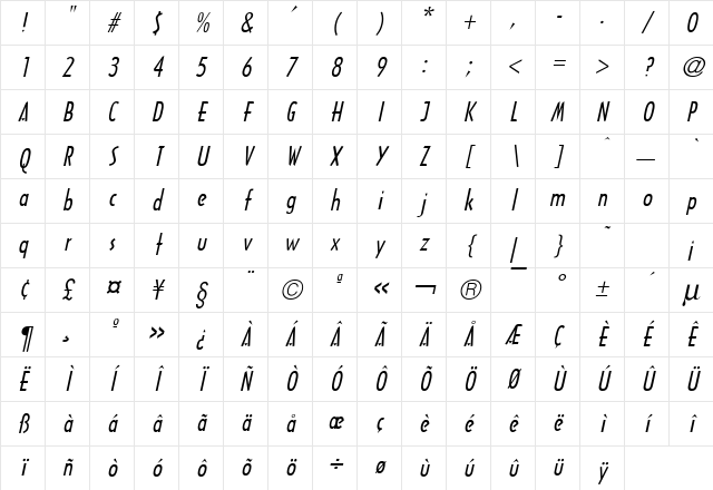 Tech Italic Character Map