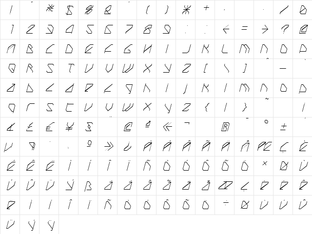 TechstepThin Oblique Regular Character Map TechstepThin Oblique Regular Character Map