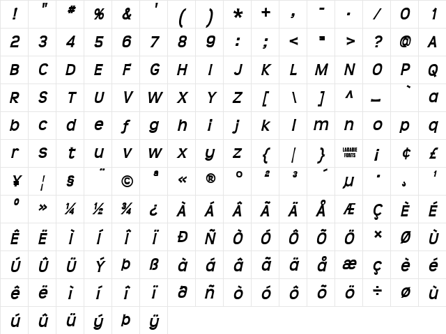 Teen Bold Italic Character Map