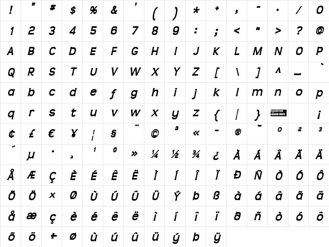 Teen bold Italic Character Map