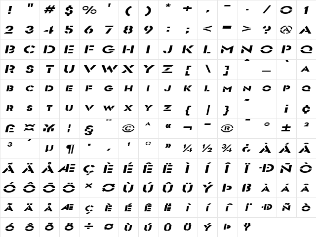 Templett Extended Italic Character Map