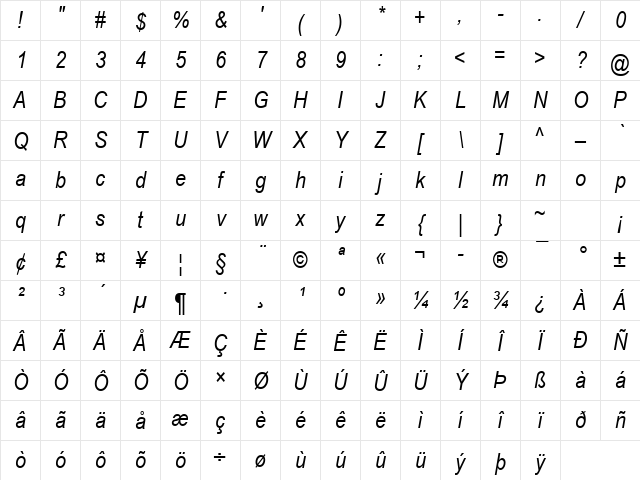 Arial Narrow Italic Character Map