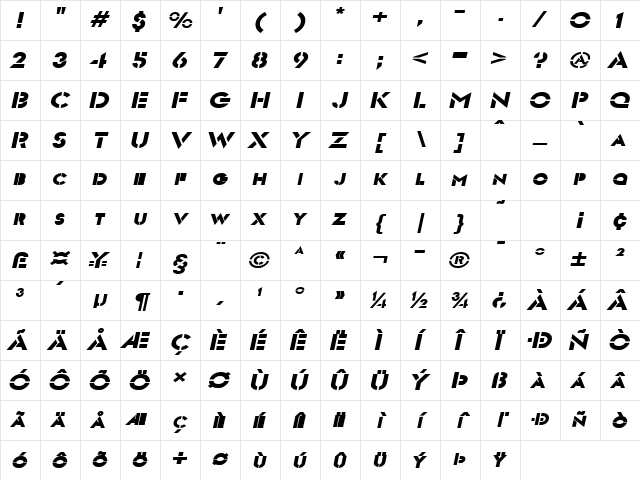Templett Wide BoldItalic Character Map