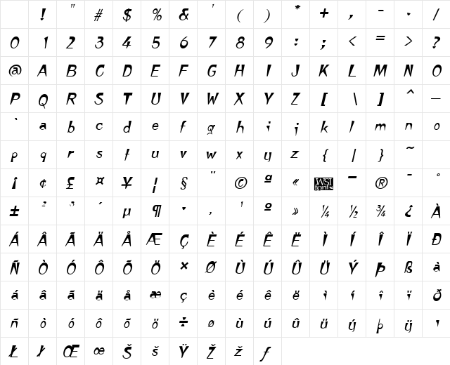 Tempura kursiv Character Map Tempura kursiv Character Map