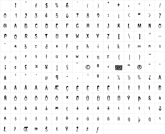 TempuraNarrow normal Character Map TempuraNarrow normal Character Map