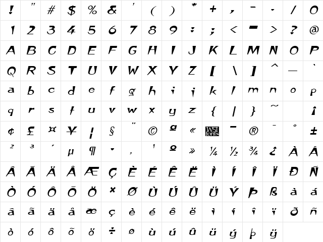TempuraExpanded Italic Character Map