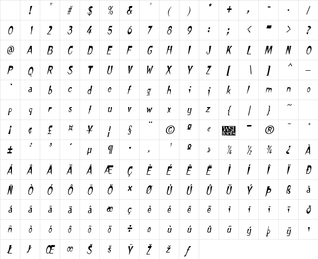 TempuraNarrow Italic Character Map