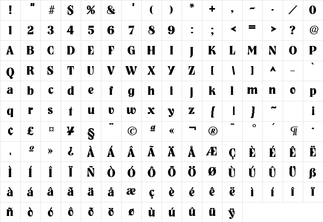 Tennessee Heavy SF Bold Character Map