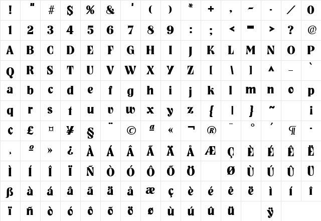 Tennessee Heavy SF Bold Character Map