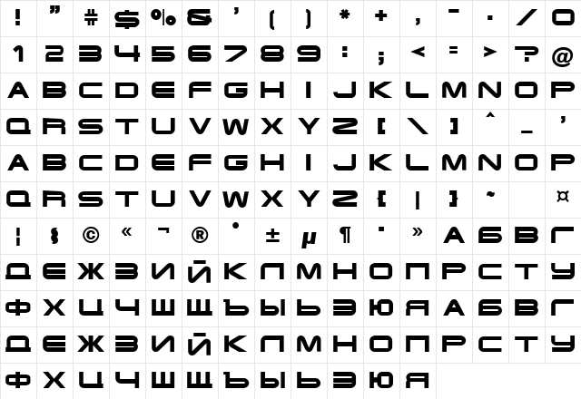 Terminator Cyr 4 Semi-expanded Bold Character Map