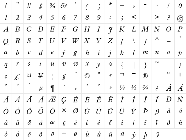 TerminusSSK Italic Character Map