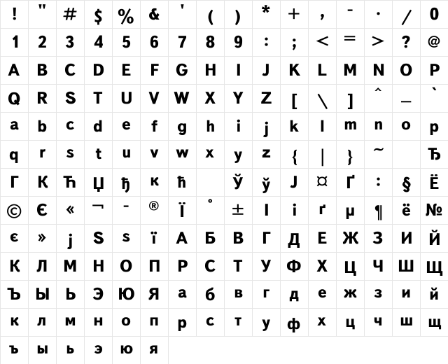 TextBook Bold Character Map