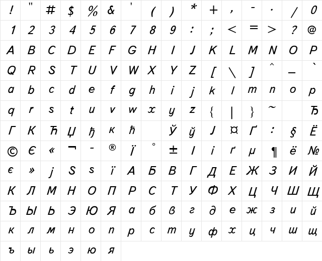 TextBook Italic Character Map