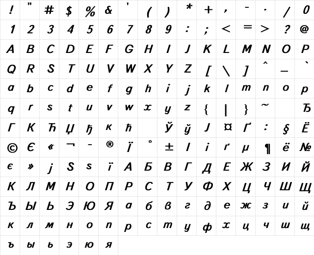 TextBook Bold Italic Character Map