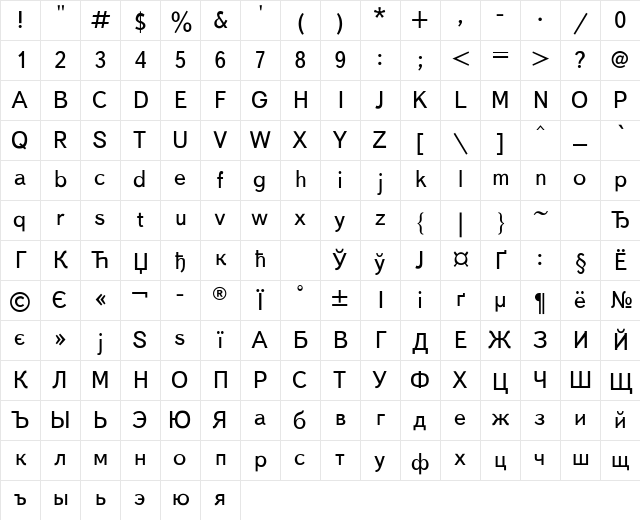 TextBook Regular Character Map