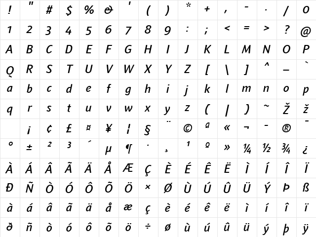 Textra LT Light Bold Italic Character Map