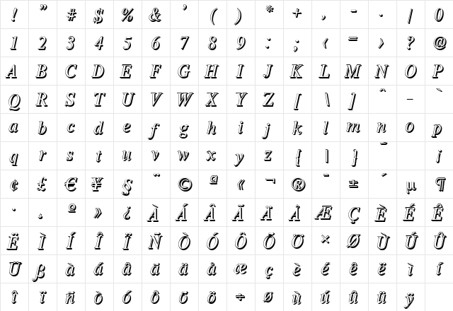 ThamesShadow Italic Character Map