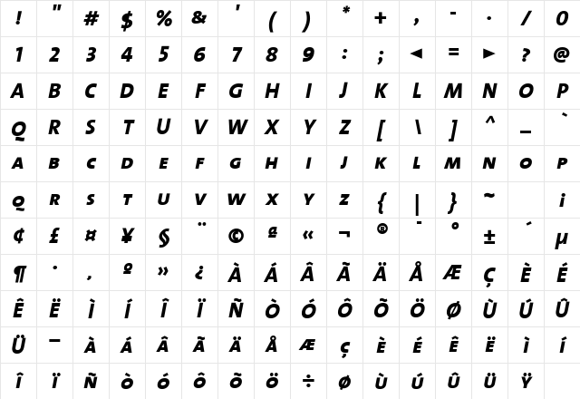 TheMixExtraBold Roman Italic Character Map