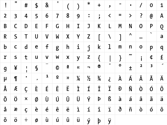 The Sans Mono Condensed- Regular Character Map