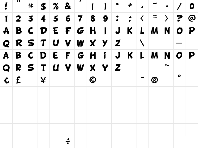 BD Cartoon Shout Regular Character Map