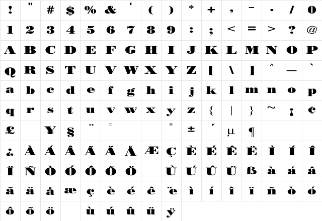 BODIDLYbold Wide Regular Character Map BODIDLYbold Wide Regular Character Map