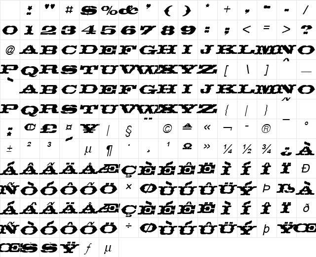 Thunder row Italic Character Map