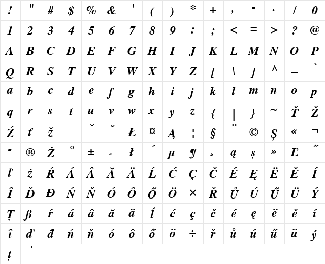 Times CE Bold Italic Character Map