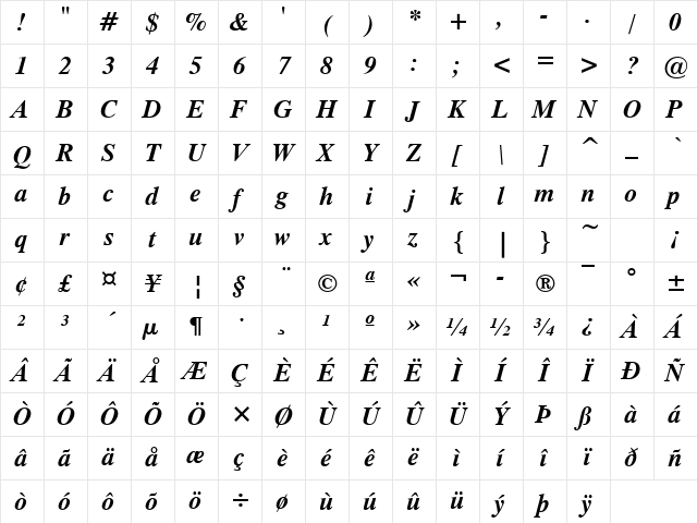 Tiempo Bold Italic Character Map