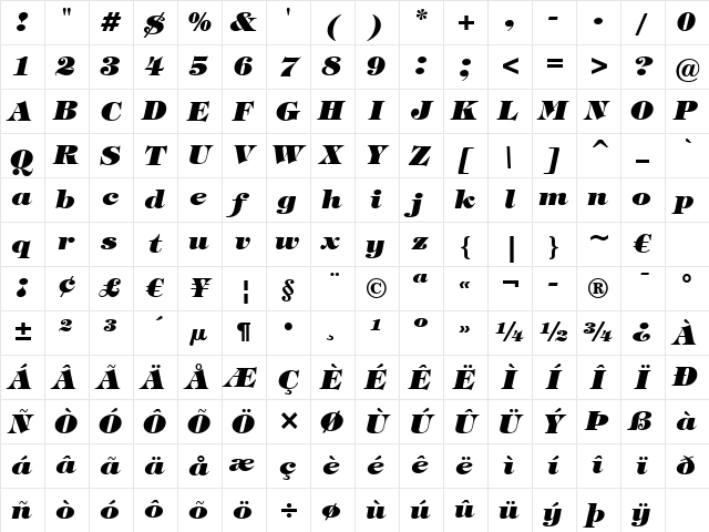 Tiffany HvIt BT Heavy Italic Character Map Tiffany HvIt BT Heavy Italic Character Map