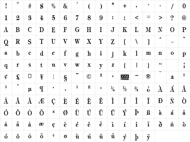 TimbrelCondensed Bold Character Map