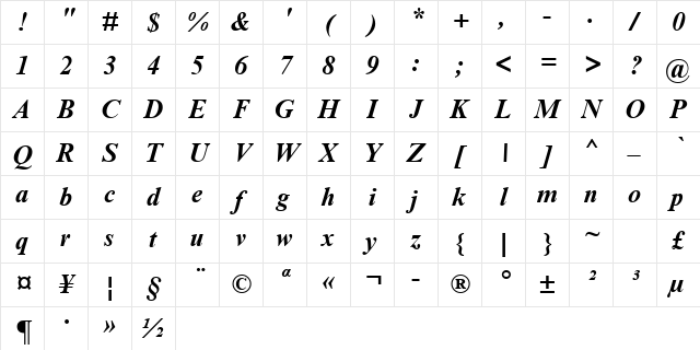 Times New Roman Greek Bold Inclined Character Map